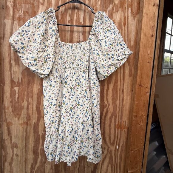 Puff Sleeve White Floral Mini Dress (Size M) - Picture 2 of 3